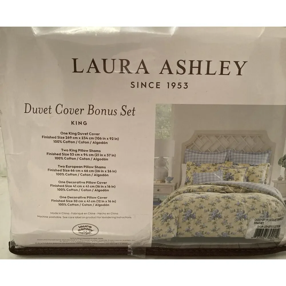 Laura Ashley Cassidy Cotton Yellow Duvet Cover Bonus Set - King 7 Pc. Cp. $350